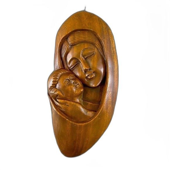 Vtg Folk Art Wood Hand Carved Mother & Child Sculpture 13-½ " Hanging or Stand - Picture 1 of 3